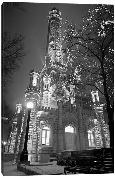 An Illuminated Chicago Water Tower In B&W, Chicago, Illinois, USA Canvas Art Print
