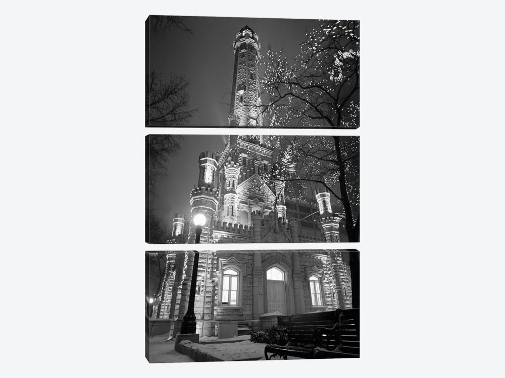 An Illuminated Chicago Water Tower In B&W, Chicago, Illinois, USA by Panoramic Images 3-piece Canvas Print