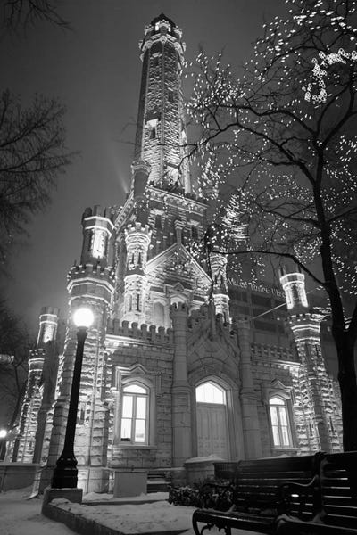 Illinois: An Illuminated Chicago Water Tower In B&W, Chicago, Illinois, USA by Panoramic Images