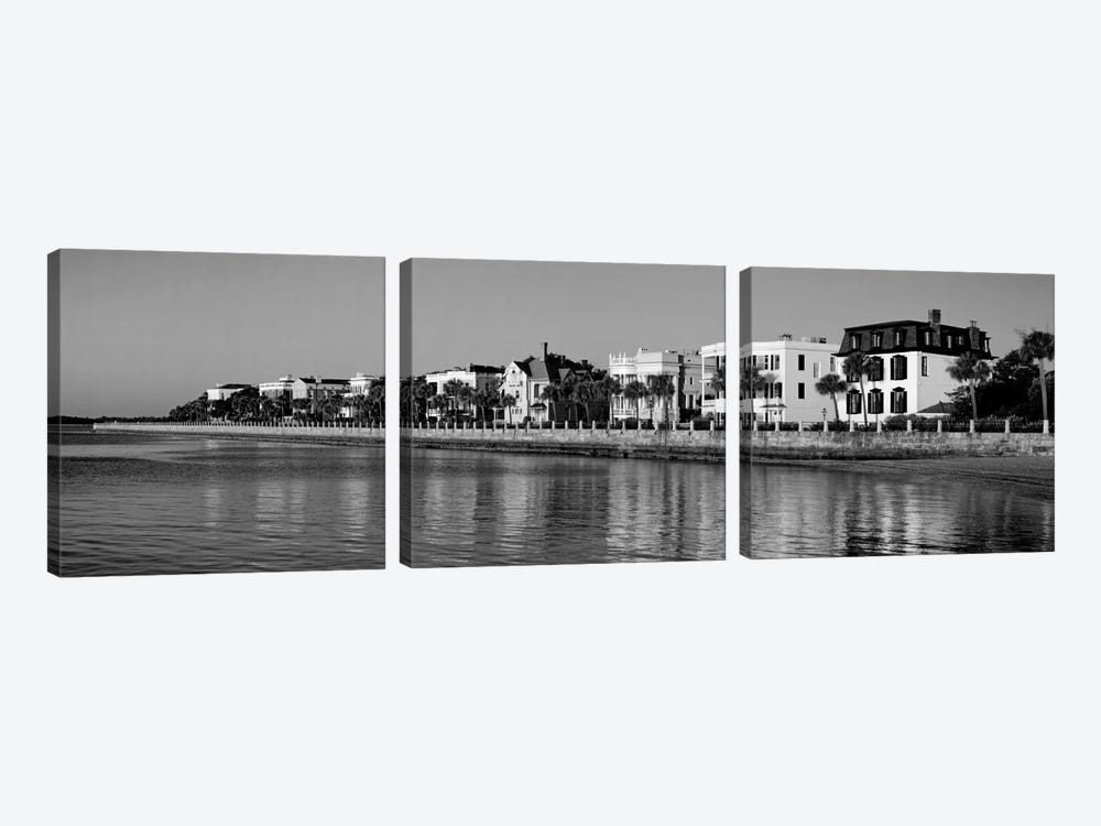 Antebellum Architecture Along The Waterfront In B&W, The Battery, Charleston, South Carolina, USA by Panoramic Images 3-piece Art Print
