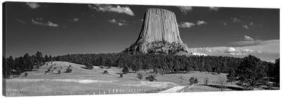 USA, Wyoming, Devils Tower National Monument, Low angle view of a natural rock formation (Black And White) Canvas Art Print - Wyoming Art