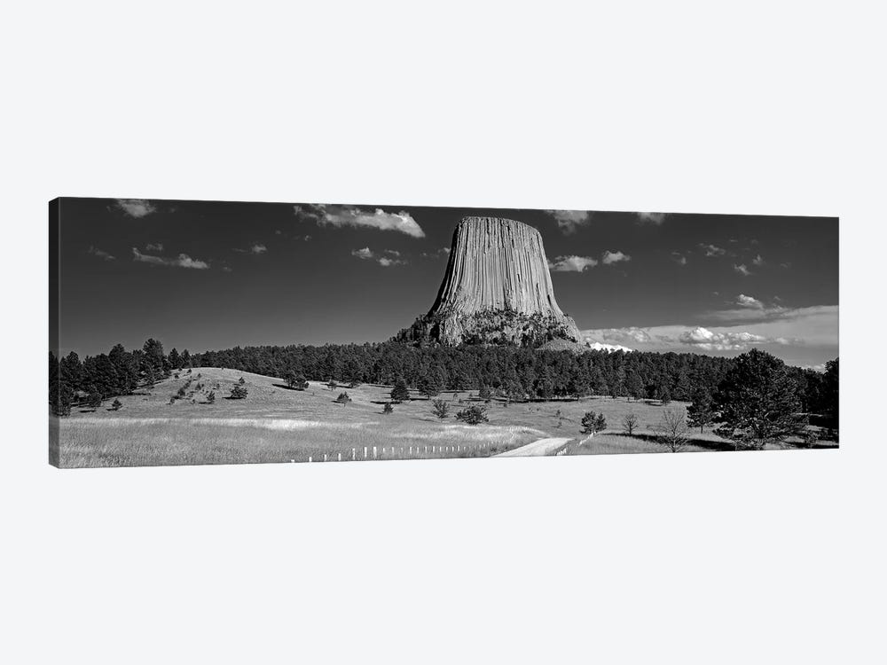 USA, Wyoming, Devils Tower National Monument, Low angle view of a natural rock formation (Black And White) by Panoramic Images 1-piece Canvas Art
