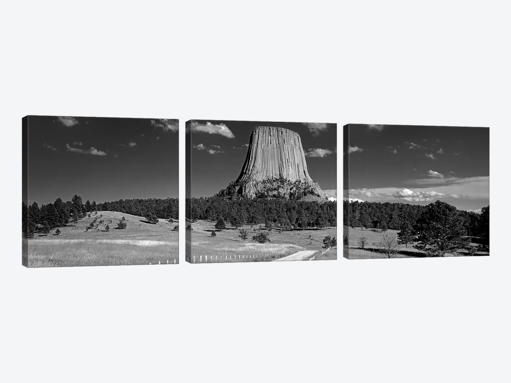 USA, Wyoming, Devils Tower National Monument, Low angle view of a natural rock formation (Black And White) by Panoramic Images 3-piece Canvas Wall Art