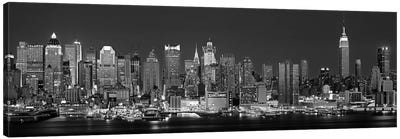 Illuminated Skyline In B&W, Manhattan, New York City, New York, USA Canvas Art Print - Panoramic & Horizontal Wall Art