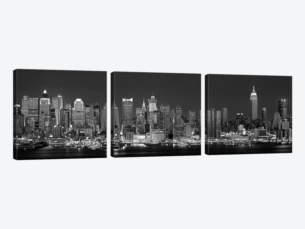 Illuminated Skyline In B&W, Manhattan, New York City, New York, USA 3-piece Canvas Art Print