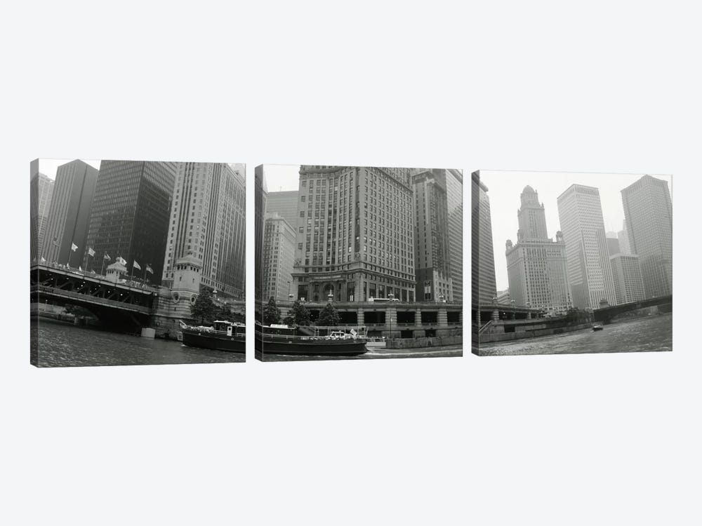 Historic Riverfront Architecture In B&W, Chicago, Illinois, USA by Panoramic Images 3-piece Art Print