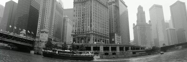 Historic Riverfront Architecture In B&W, Chicago, Illinois, USA