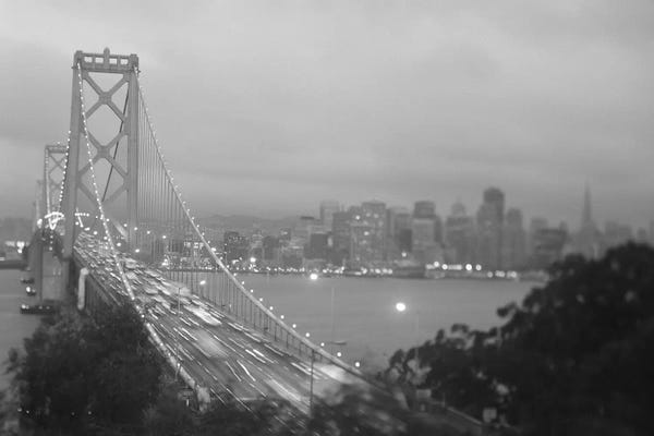 San Francisco: High angle view of a suspension bridge lit up at night, Bay Bridge, San Francisco, California, USA by Panoramic Images