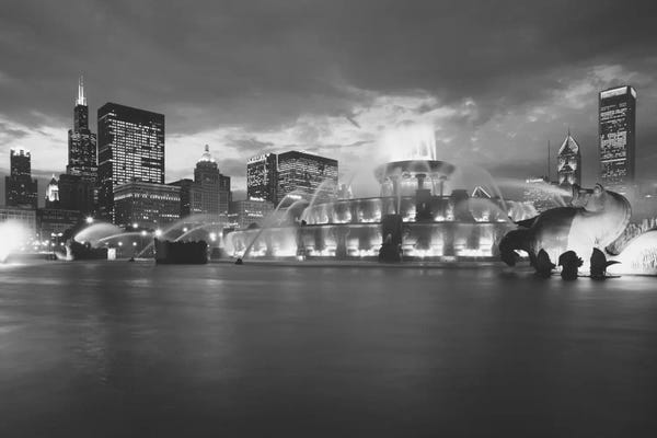 Fountain Lit Up At Dusk Black & White, Buckingham Fountain, Grant Park, Chicago, Illinois, USA