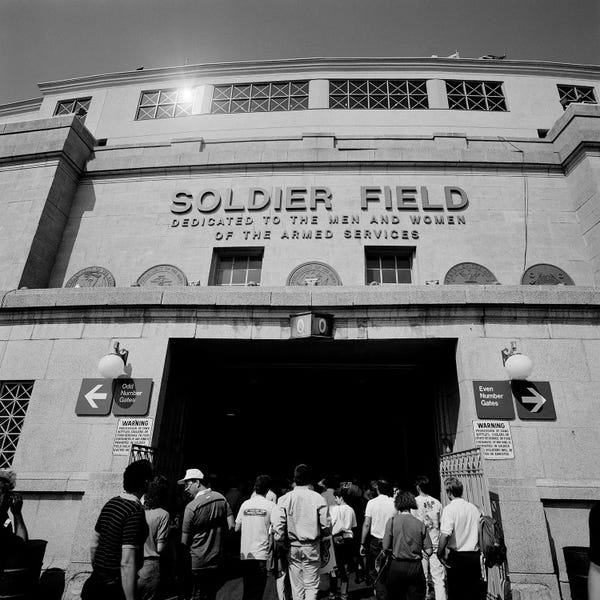 Football: Spectators entering a football stadium, Soldier Field, Lake Shore Drive, Chicago, Illinois, USA by Panoramic Images