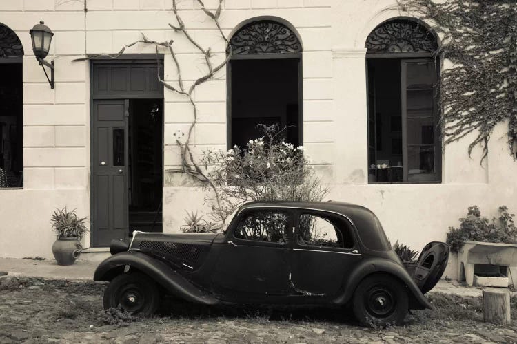 Vintage car parked in front of a house, Calle De Portugal, Colonia Del Sacramento, Uruguay