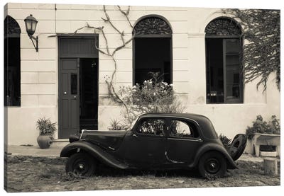 Vintage car parked in front of a house, Calle De Portugal, Colonia Del Sacramento, Uruguay Canvas Art Print - Uruguay