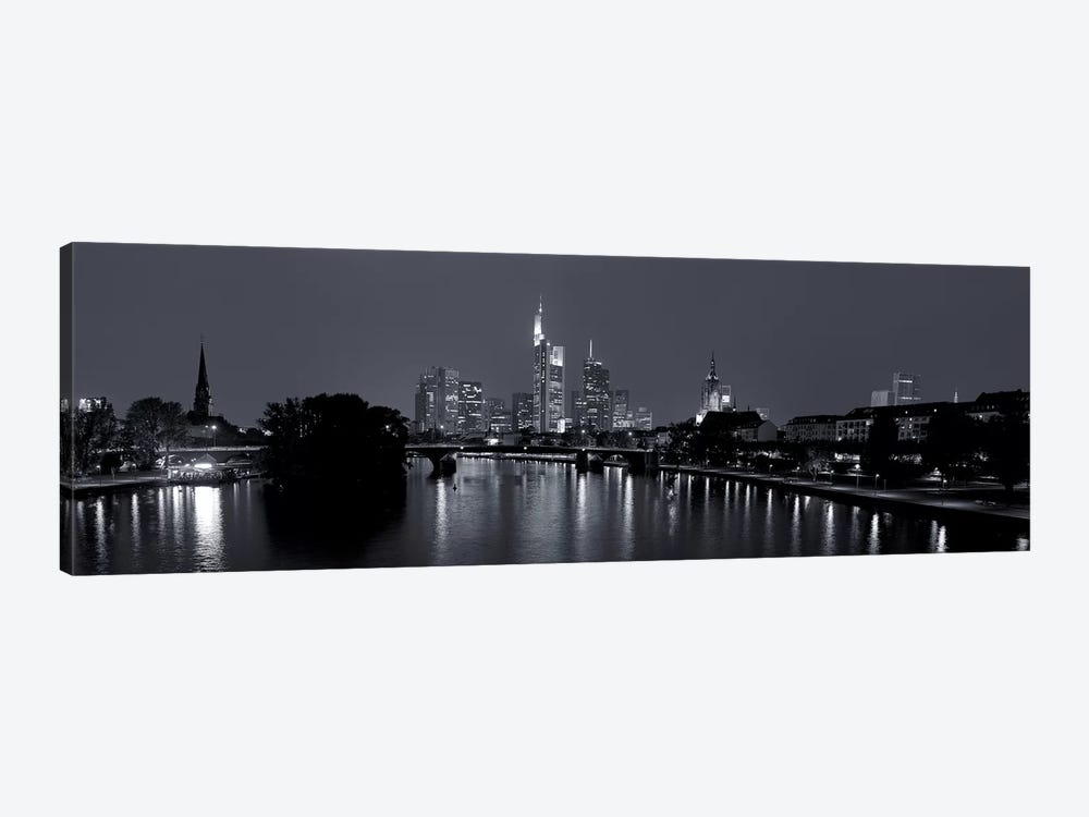 Reflection of buildings in water at night, Main River, Frankfurt, Hesse, Germany by Panoramic Images 1-piece Canvas Artwork