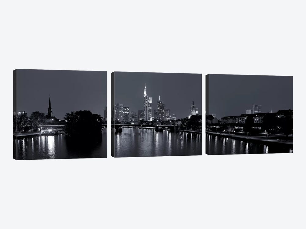 Reflection of buildings in water at night, Main River, Frankfurt, Hesse, Germany by Panoramic Images 3-piece Canvas Art