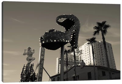 Low angle view of neon signs of a casino, Fremont Street, The Strip, Las Vegas, Nevada, USA Canvas Art Print - Sepia Photography