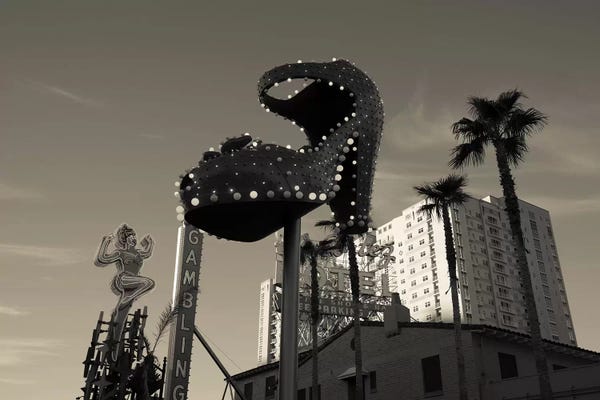 Nevada: Low angle view of neon signs of a casino, Fremont Street, The Strip, Las Vegas, Nevada, USA by Panoramic Images
