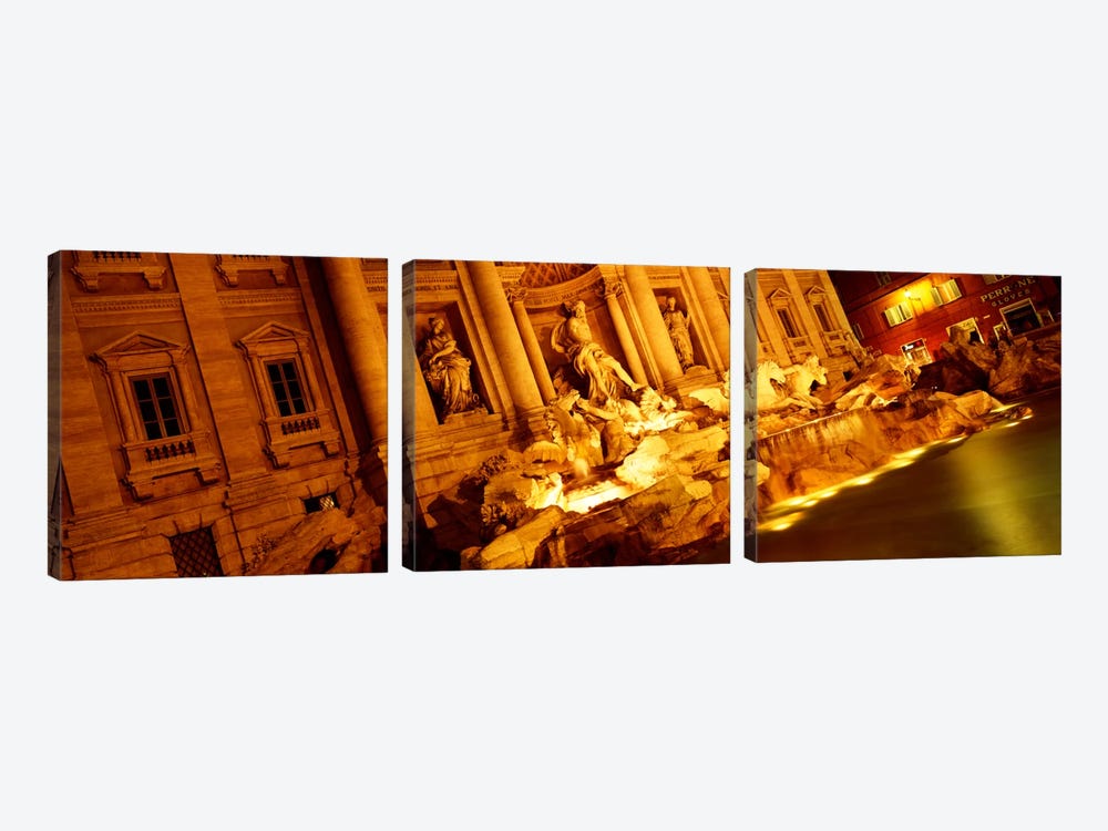 Side-Angle View At Night, Trevi Fountain, Rome, Lazio, Italy by Panoramic Images 3-piece Canvas Artwork