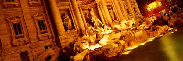 Lazio: Side-Angle View At Night, Trevi Fountain, Rome, Lazio, Italy by Panoramic Images