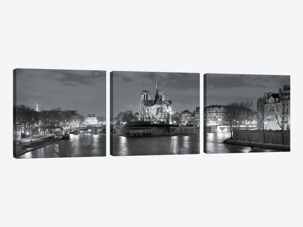 Notre Dame and Eiffel Tower at dusk, Paris, Ile-de-France, France by Panoramic Images 3-piece Canvas Wall Art