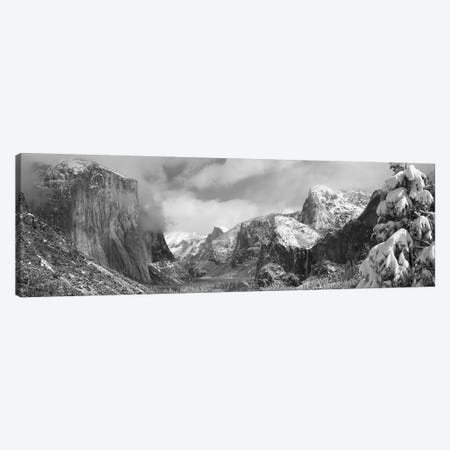 Mountains and waterfall in snow, Tunnel View, El Capitan, Half Dome, Bridal Veil, Yosemite National Park, California, USA Canvas Print #PIM11716} by Panoramic Images Canvas Wall Art