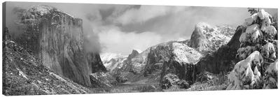 Mountains and waterfall in snow, Tunnel View, El Capitan, Half Dome, Bridal Veil, Yosemite National Park, California, USA Canvas Art Print - Yosemite National Park Art