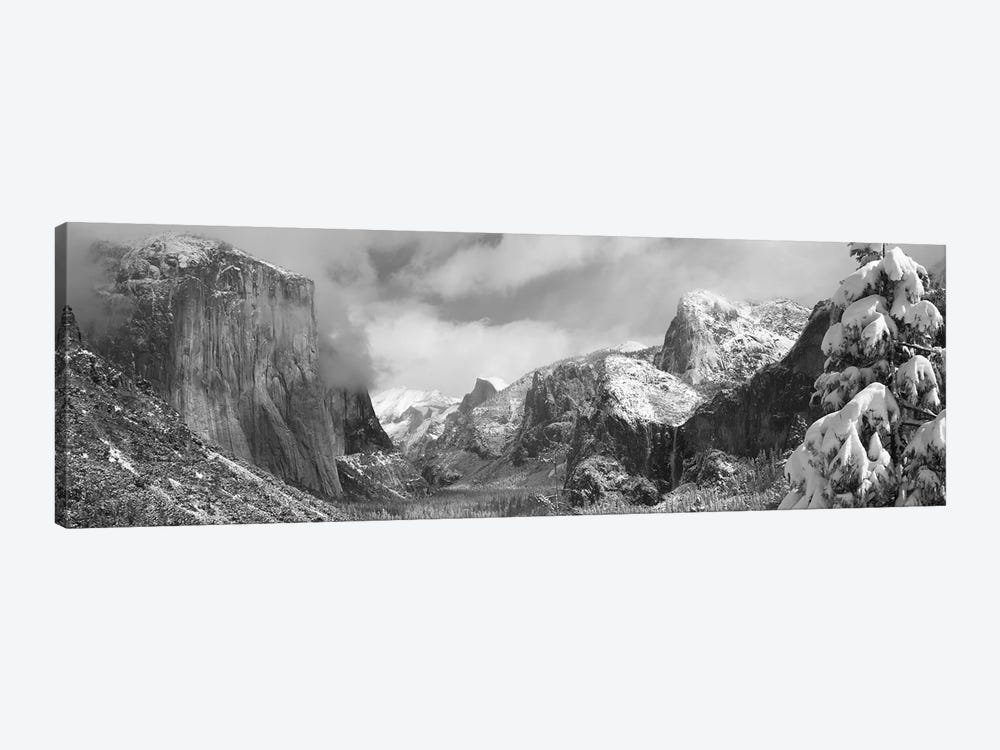 Mountains and waterfall in snow, Tunnel View, El Capitan, Half Dome, Bridal Veil, Yosemite National Park, California, USA by Panoramic Images 1-piece Canvas Art