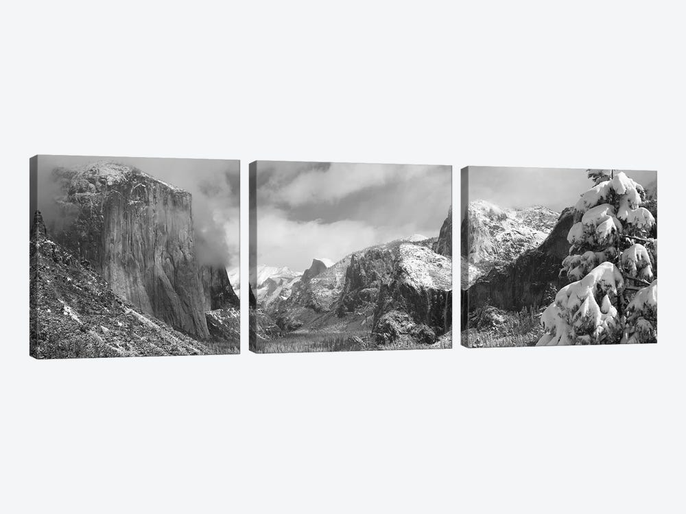 Mountains and waterfall in snow, Tunnel View, El Capitan, Half Dome, Bridal Veil, Yosemite National Park, California, USA by Panoramic Images 3-piece Canvas Artwork