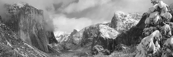 California: Mountains and waterfall in snow, Tunnel View, El Capitan, Half Dome, Bridal Veil, Yosemite National Park, California, USA by Panoramic Images
