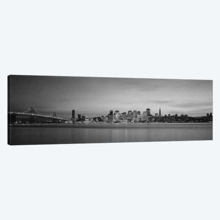 Suspension bridge with city skyline at dusk, Bay Bridge, San Francisco Bay, San Francisco, California, USA Canvas Print #PIM11762} by Panoramic Images Canvas Wall Art