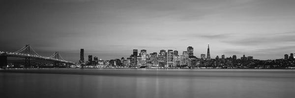 San Francisco: Suspension bridge with city skyline at dusk, Bay Bridge, San Francisco Bay, San Francisco, California, USA by Panoramic Images