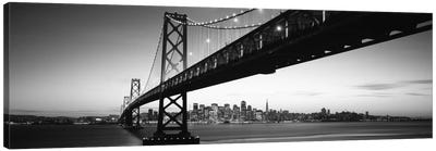 Bridge across a bay with city skyline in the background, Bay Bridge, San Francisco Bay, San Francisco, California, USA #2 Canvas Art Print - Black & White Scenic