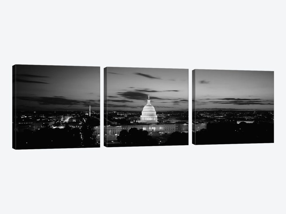 Government building lit up at night, US Capitol Building, Washington DC, USA 3-piece Canvas Wall Art
