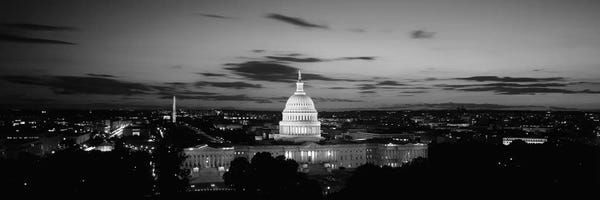 Washington, D.C.: Government building lit up at night, US Capitol Building, Washington DC, USA by Panoramic Images