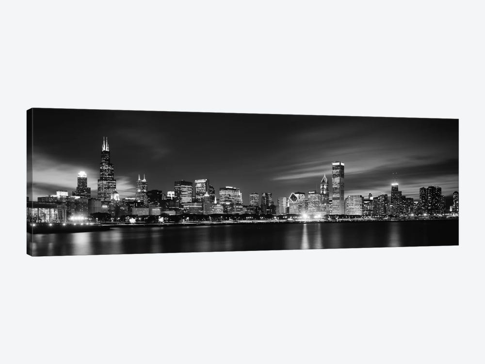 Downtown Skyline At Night In B&W, Chicago, Cook County, Illinois, USA by Panoramic Images 1-piece Canvas Art