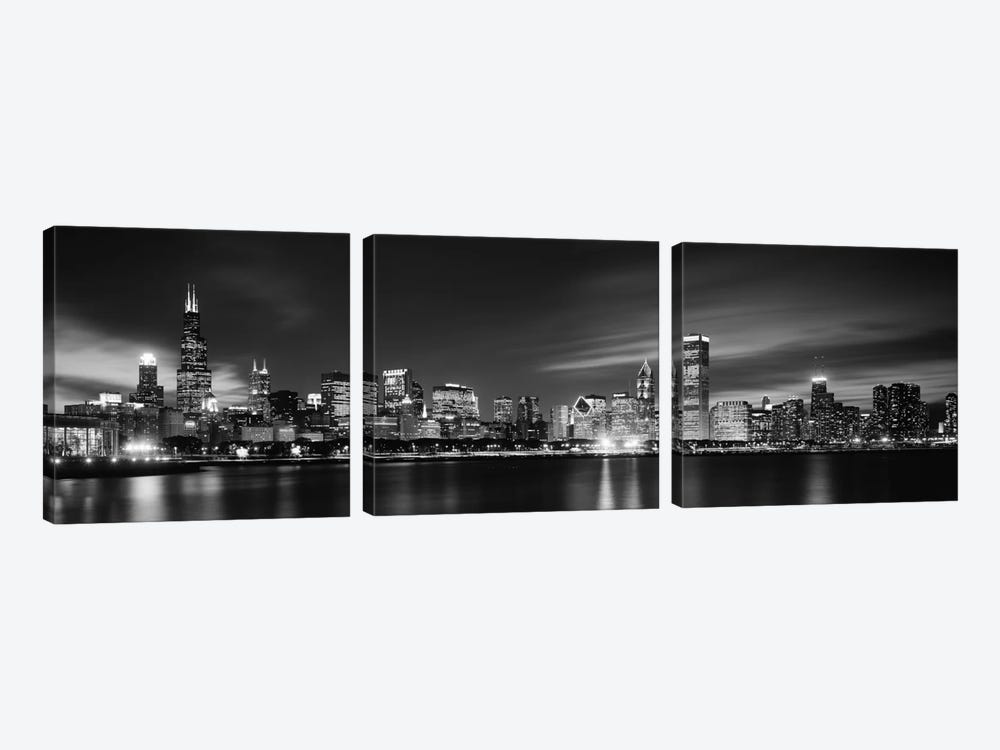 Downtown Skyline At Night In B&W, Chicago, Cook County, Illinois, USA by Panoramic Images 3-piece Canvas Art
