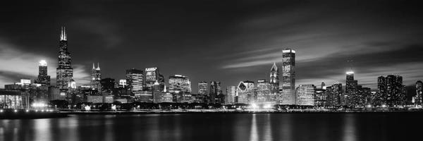 Panoramic Images: Downtown Skyline At Night In B&W, Chicago, Cook County, Illinois, USA by Panoramic Images