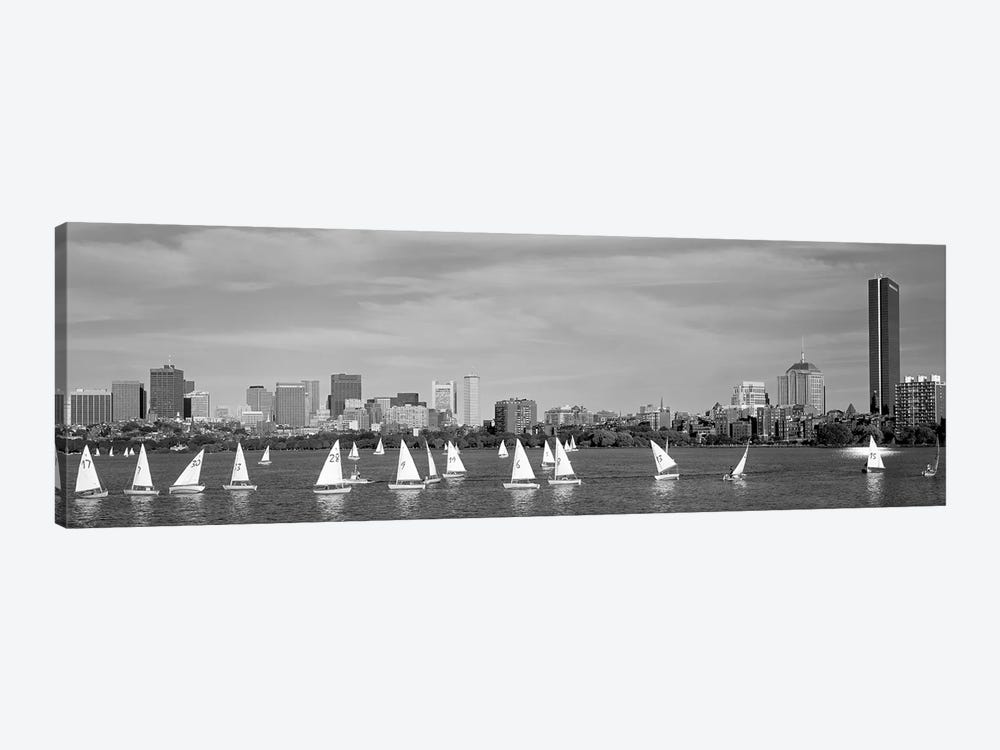 USA, Massachusetts, Boston, Charles River, View of boats on a river by a city by Panoramic Images 1-piece Canvas Art