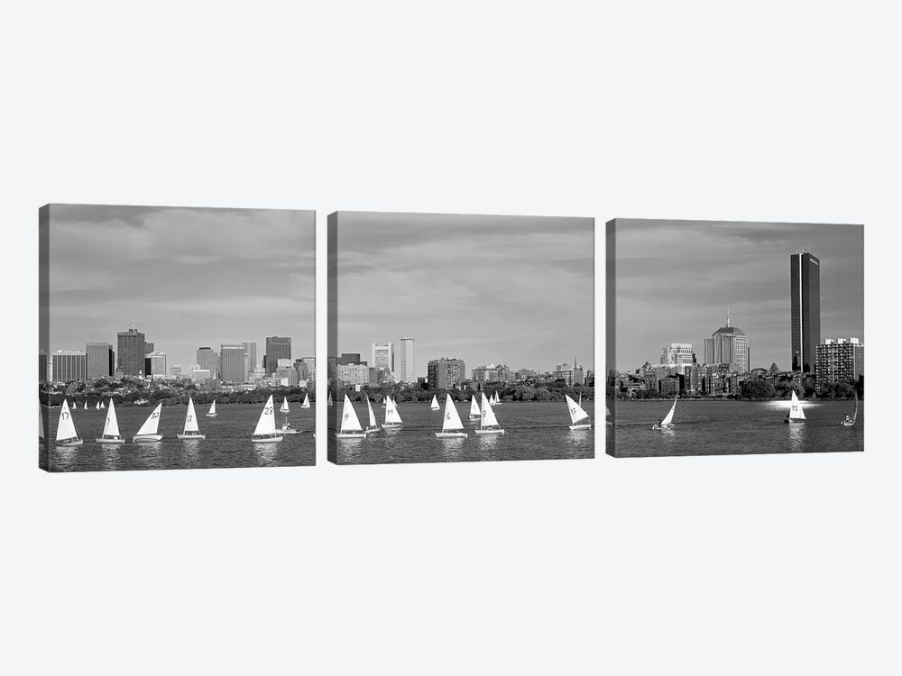 USA, Massachusetts, Boston, Charles River, View of boats on a river by a city by Panoramic Images 3-piece Canvas Wall Art