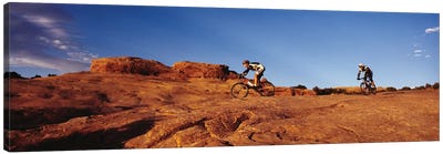 Two people mountain biking, Moab, Utah, USA Canvas Art Print - Utah Art