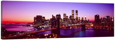 USA, New York City, Brooklyn Bridge, Twilight Canvas Art Print - City Sunrise & Sunset Art