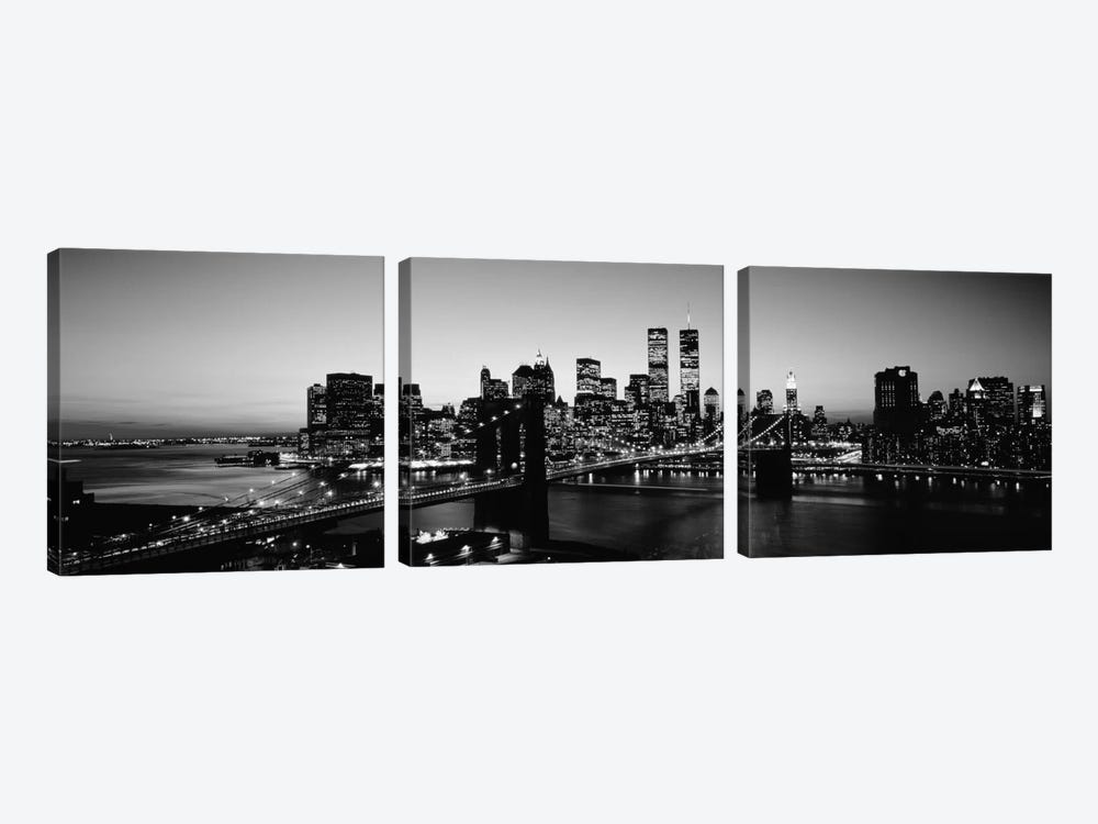 USA, New York City, Brooklyn Bridge, Twilight (black & white) by Panoramic Images 3-piece Canvas Art Print
