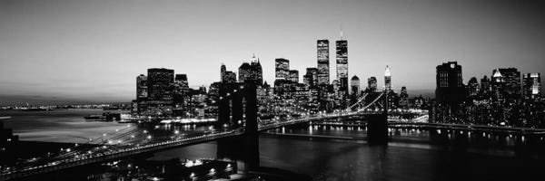 Panoramic Images: USA, New York City, Brooklyn Bridge, Twilight (black & white) by Panoramic Images