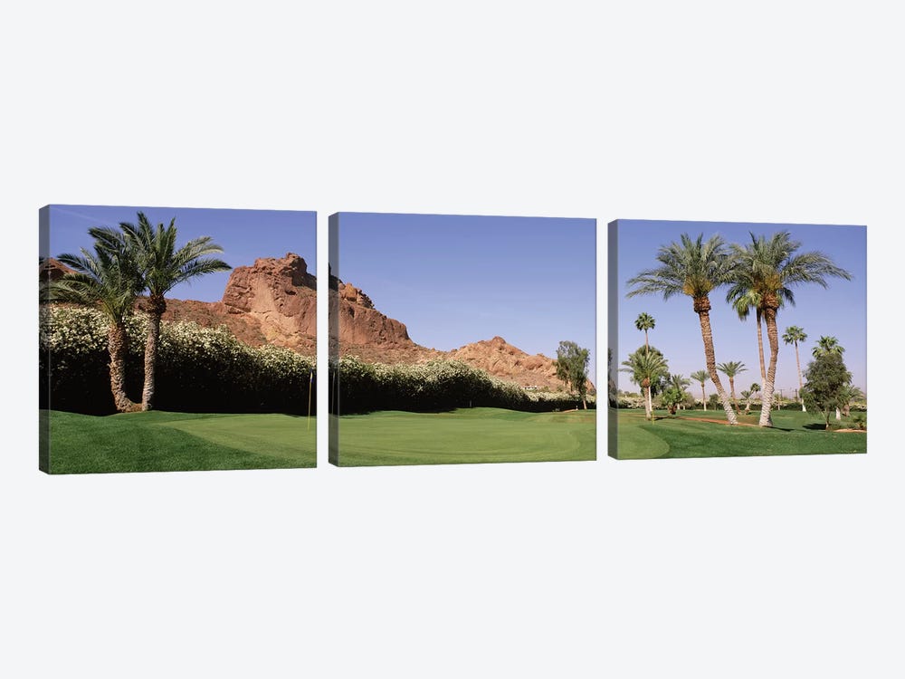 Golf course near rock formations, Paradise Valley, Maricopa County, Arizona, USA by Panoramic Images 3-piece Canvas Print