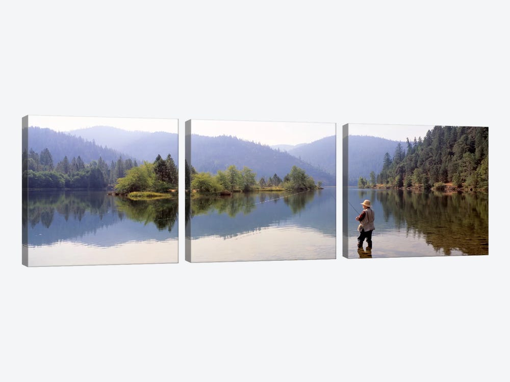 Lone Fly Fisherman, Lewiston Lake, Trinity County, California, USA by Panoramic Images 3-piece Canvas Art Print