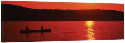Tourists canoeing in a lake at sunset, Oquaga Lake, Deposit, Broome County, New York State, USA Canvas Art Print - Canoe Art