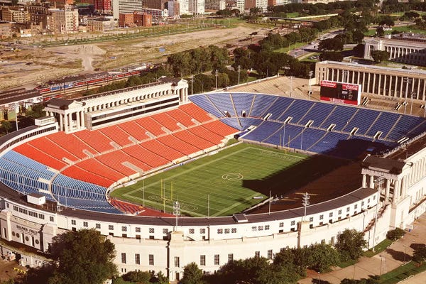 Football: Aerial view of a stadium, Soldier Field, Lake Shore Drive, Chicago, Cook County, Illinois, USA by Panoramic Images