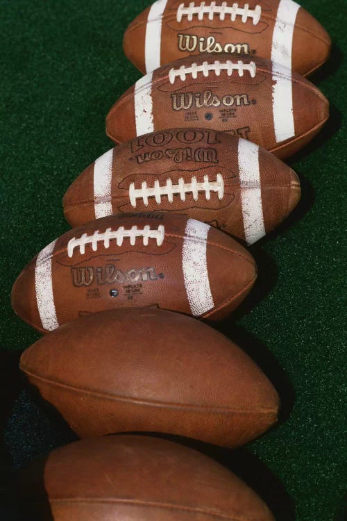 Row Of Game-Used Footballs, Blaik Field At Michie Stadium, U.S. Military Academy At West Point, New York, USA 