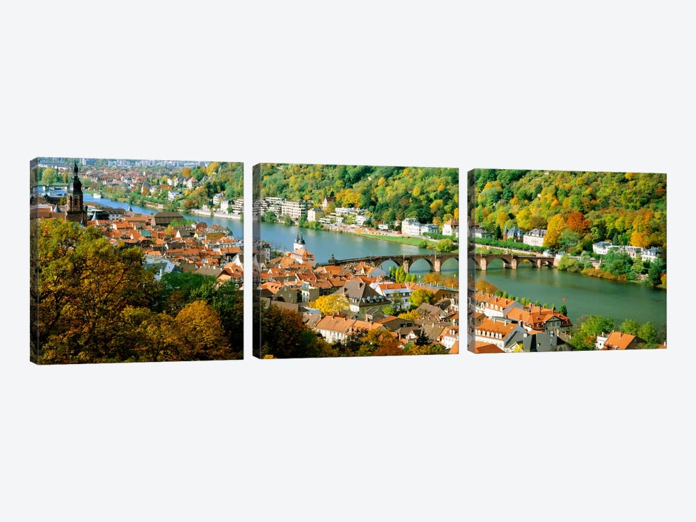 Aerial view of a city at the riversideHeidelberg Castle, Heidelberg, Baden-Wurttemberg, Germany by Panoramic Images 3-piece Art Print