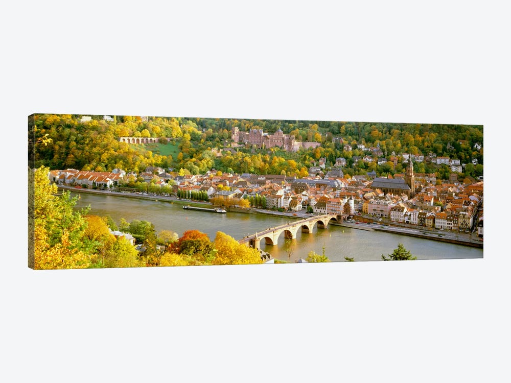 Aerial view of a city at the riversideHeidelberg Castle, Heidelberg, Baden-Wurttemberg, Germany by Panoramic Images 1-piece Canvas Art Print