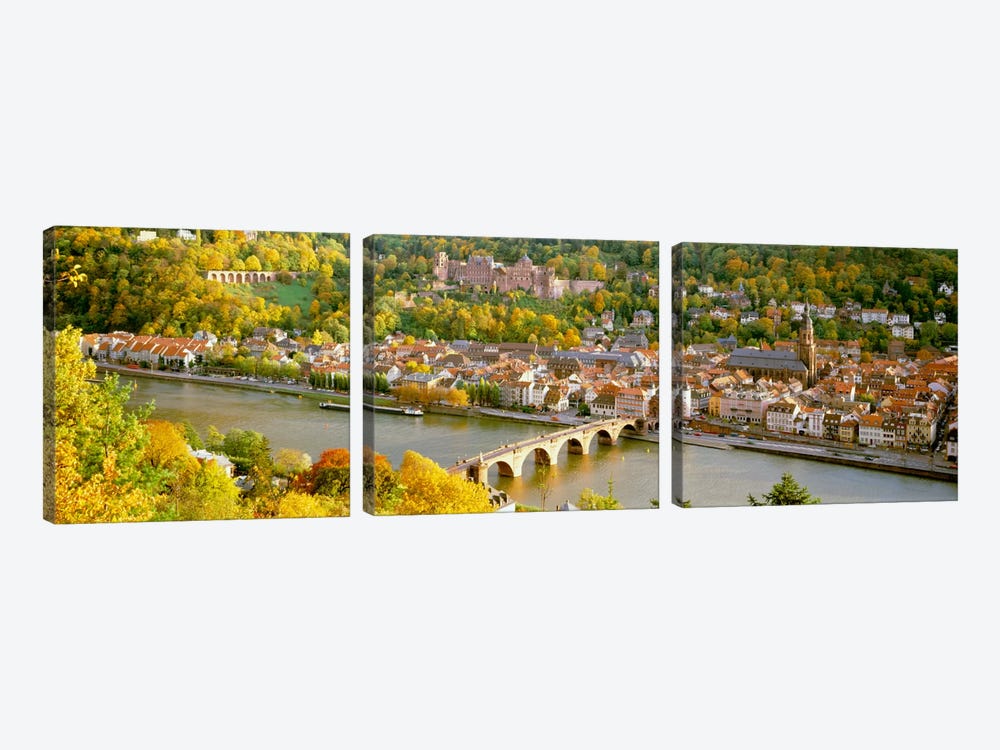 Aerial view of a city at the riversideHeidelberg Castle, Heidelberg, Baden-Wurttemberg, Germany by Panoramic Images 3-piece Canvas Art Print